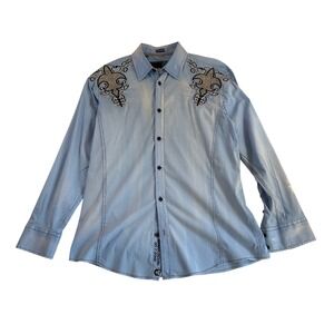 Roar Signature Mens Large Blue Tribal Phoenix Embroidered Button Down Shirt Y2K